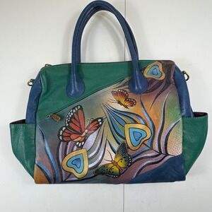 Anuschka Hand Painted Leather Shoulder Bag Butterfly‎ Floral Satchel Tote